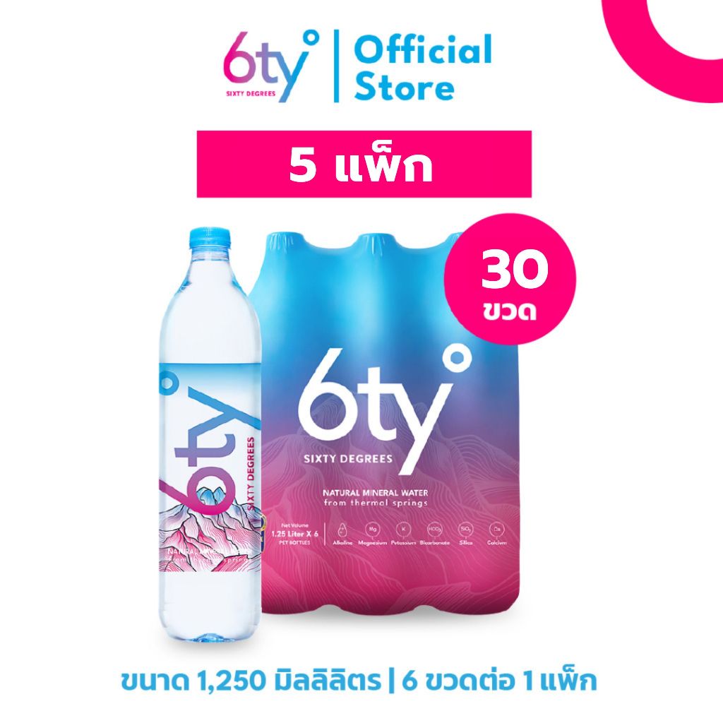 [1250ml 5 แพ็ก 30ขวด] 6ty Degrees Mineral Water ซิกตี้ดีกรี น้ำแร่ธรรมชาติ จากแหล่งน้ำร้อนเชียงดาว