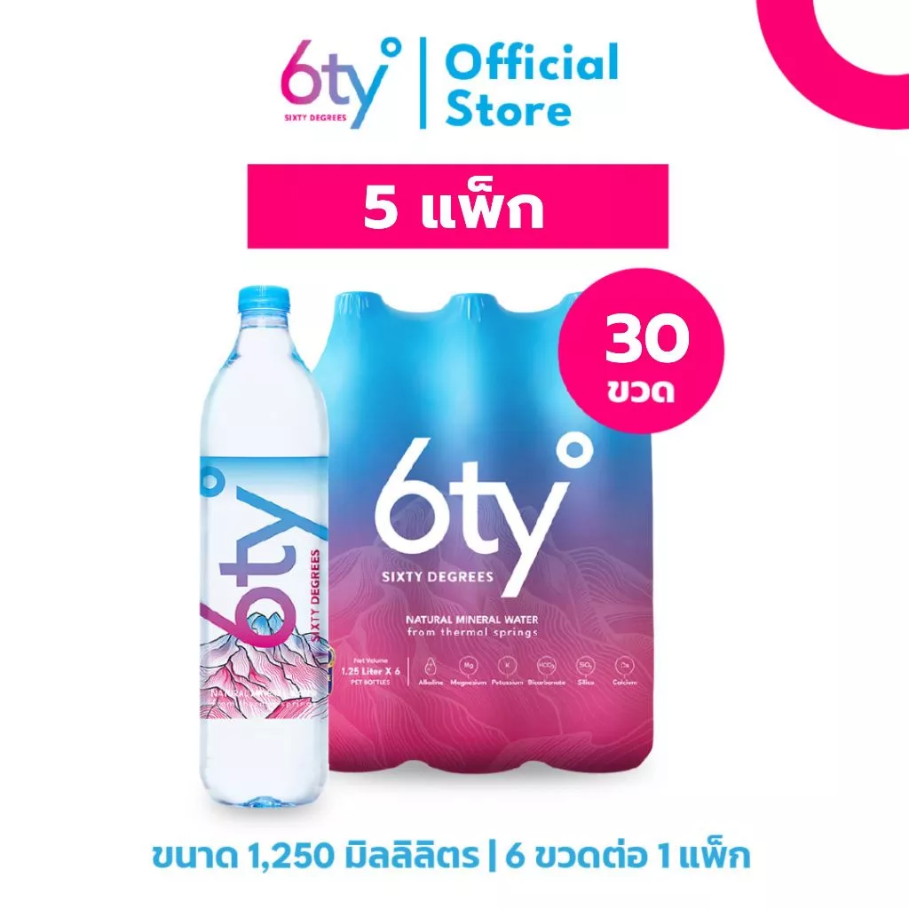 [1250ml 5 แพ็ก 30ขวด] 6ty Degrees Mineral Water ซิกตี้ดีกรี น้ำแร่ธรรมชาติ จากแหล่งน้ำร้อนเชียงดาว