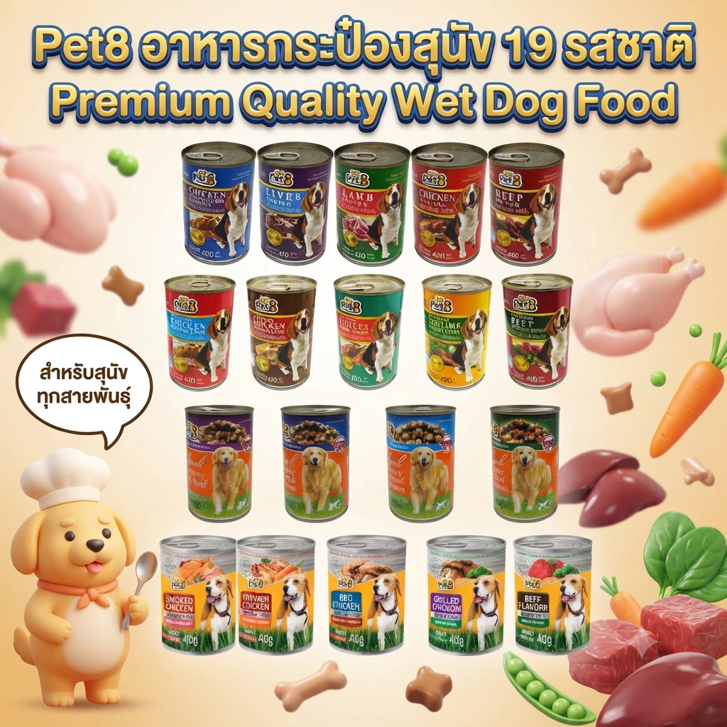 Pet8 อาหารกระป๋องสุนัข ชนิดกระป๋อง รสไก่ เนื้อตับ และผัก สารอาหารครบถ้วน พร้อมส่ง