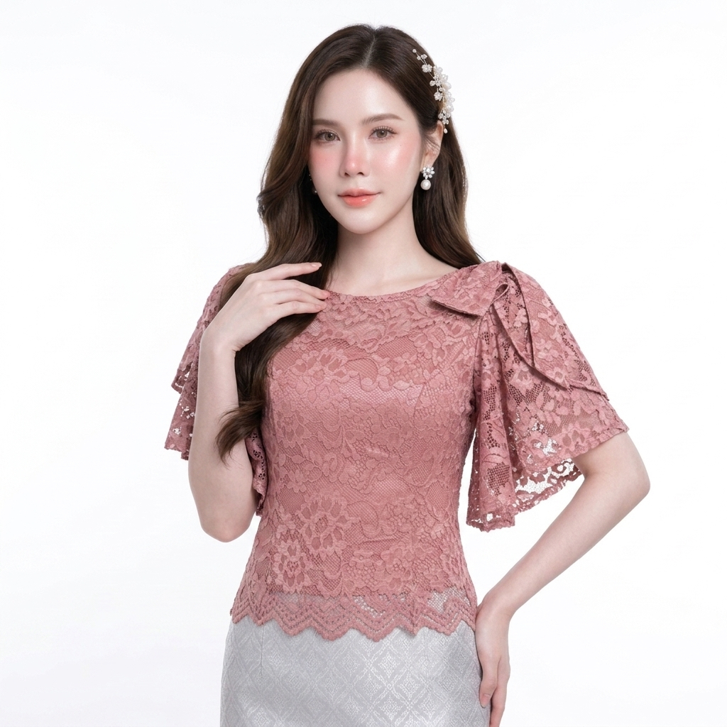 เสื้อลูกไม้อิตาลี คอกลมแขนระย้า ซิปหลัง พลัสไซส์ เสื้อสุภาพออกงาน อก32-48นิ้ว [รหัส พง]