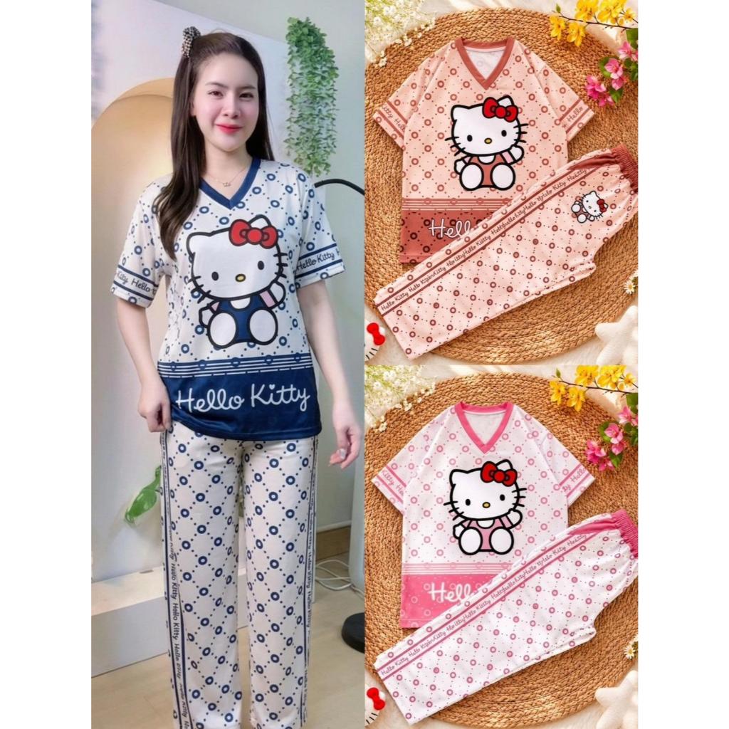 ( Mset66 ) ชุดเซท เสื้อ ลายตูนคิดตี้ 2 ลาย 7สี กก.ขายาว คอวี sport ฟรีไซส์