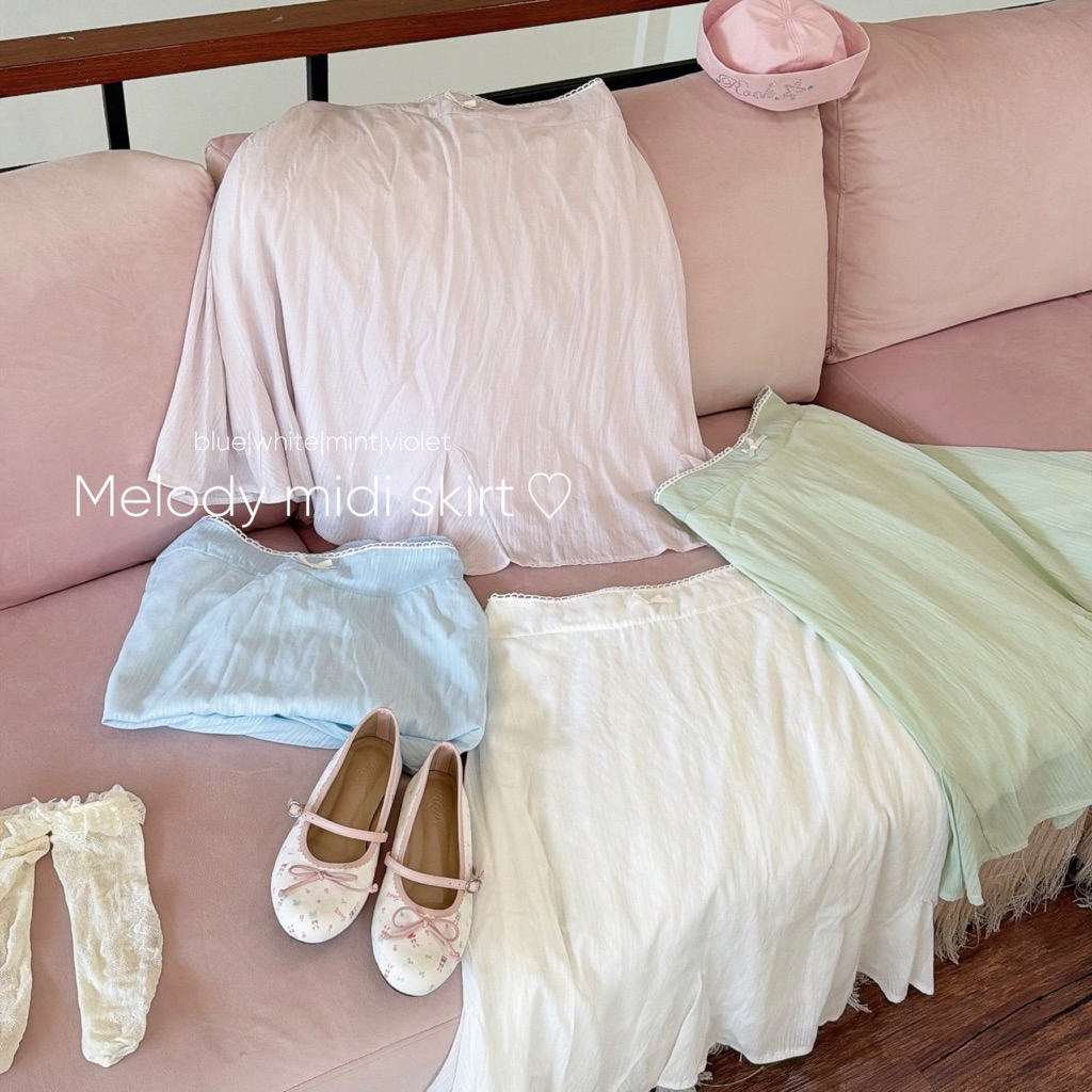 Chubbygirlbkk - Melody midi skirt .☘︎ ݁˖ กระโปรงยาว ผ้าพื้น สีพาสเทล มีซับในไม่ต้องกลัวบาง แต่งลูกไม้+โบว์ สาวอวบ