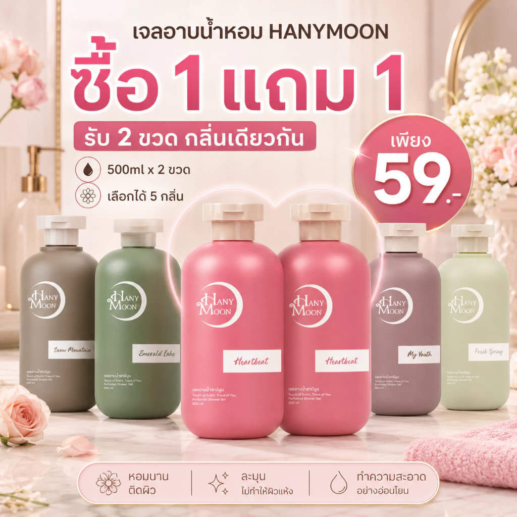 HANYMOON สบู่เหลวอาบน้ำ ซื้อ 1 แถม 1 ขนาดใหญ่ 500ml x 2 ขวด กลิ่นหอมสะอาด ใช้ได้ทุกวัน เลือกได้ 6 กลิ่น