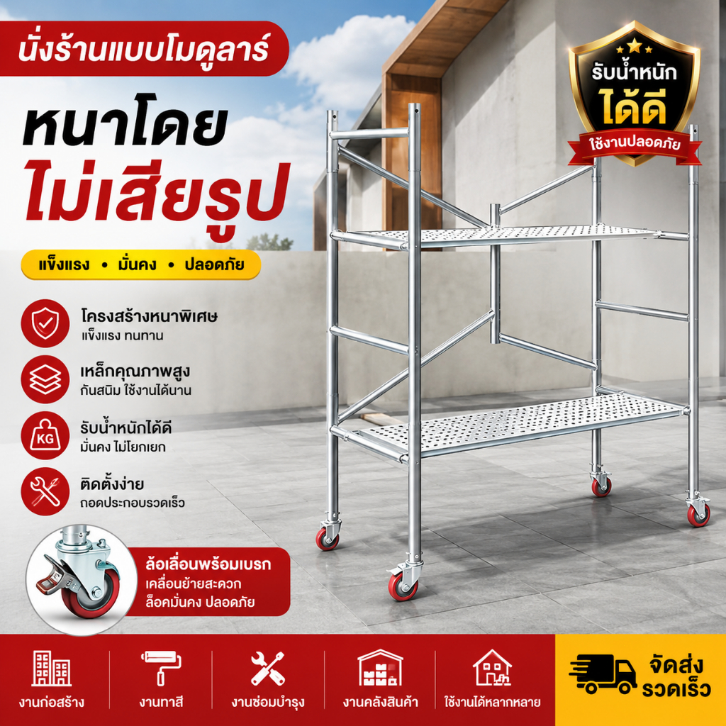 นั่งร้านเหล็กพับได้ พร้อมล้อเลื่อนมีเบรก โครงสร้างหนาพิเศษ กันลื่น รับน้ำหนักสูง สำหรับงานก่อสร้างและซ่อมแซม