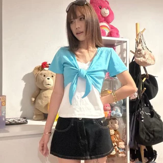 (Zanvis tee) Tie front short sleeve top เสื้อยืดครอปแขนสั้น ดีไซน์ผูกเอวผ้าคอตตอลยูนิ ใส่สบาย เนื้อนุ่ม ยืดได้เยอะ
