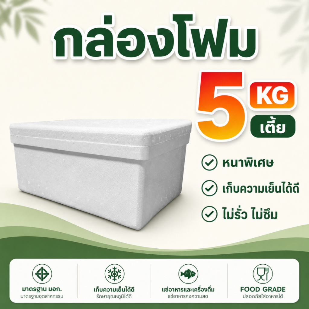 กล่องโฟม 5 กิโลกรัม *ทรงแบน* หนาพิเศษ ปากกว้าง กล่องโฟมเก็บความเย็น ขนาด (30x44x23 cm) ลังโฟม