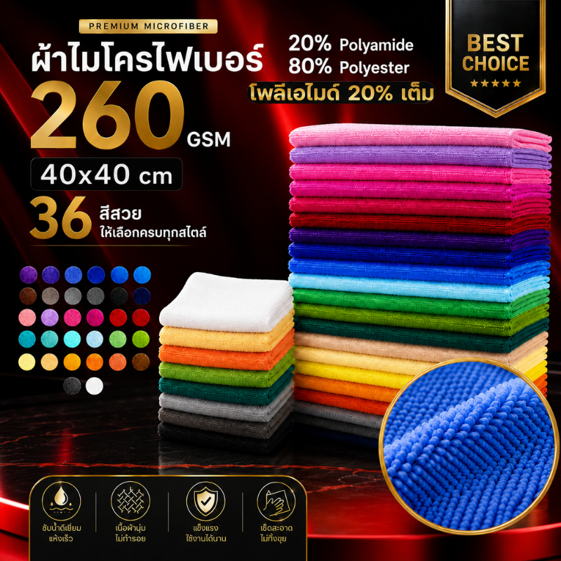 ผ้าไมโครไฟเบอร์ 260 GSM 40x40 ซม. โพลีเอมายด์ 20% เต็ม ซับน้ำดี ไม่เป็นขุย เช็ดรถและกระจก ผ้าเนื้อฟู