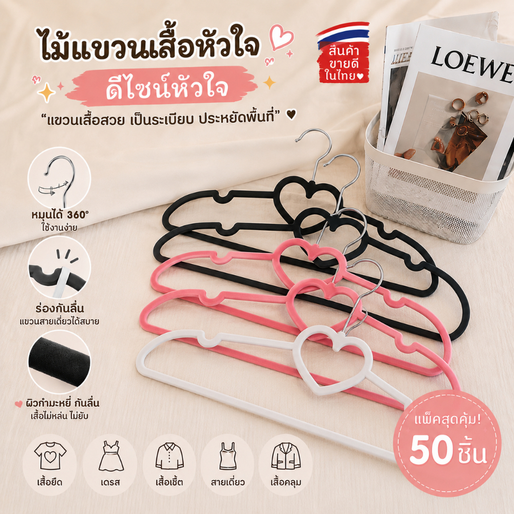 HOKEMP 50PCS ไม้แขวน ไม้แขวนเสื้อกันลื่นรูปหัวใจ สามารถซ้อนหรือแขวนได้ ประหยัดพื้นที่