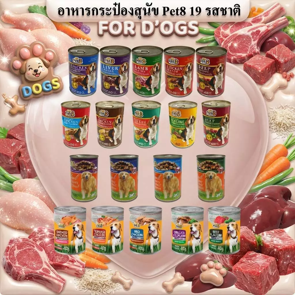 Pet8 อาหารกระป๋องสุนัข 10 รสชาติขายดี 400g 24 กระป๋องอร่อย ย่อยง่าย เบสเนื้อไก่ โปรตีนสูง พร้อมส่ง