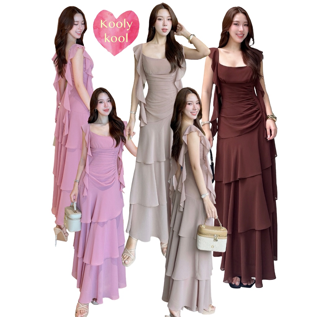 ชุดออกงาน ชุดเพื่อนเจ้าสาว koolykoolพร้อมส่ง(S-3XL) สายเกลียวรูดเอวระบายหน้าผ้าชีฟอง DJ00