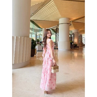 ชุดออกงาน ชุดเพื่อนเจ้าสาว koolykoolพร้อมส่ง(S-3XL) สายเกลียวรูดเอวระบายหน้าผ้าชีฟองลาย DJ01