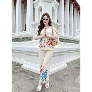 A1579 ชุดเซตเสื้อ + กางเกงขายาว ลินิน สีครีม ปักดอกไม้สีสัน