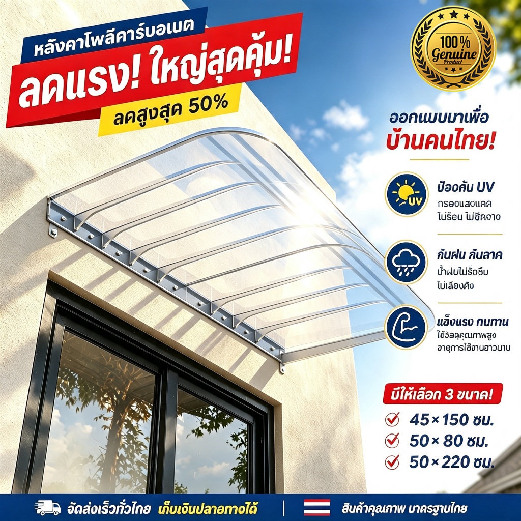 🛡️โปร่งใสเต็มที่🛡️ กันสาดวัสดุ PVC หนา สำหรับหน้าต่างและระเบียง 40100/50100cm บังแดดบังฝน ทนทานกลางแจ้ง ทนลม 14 ระดับ