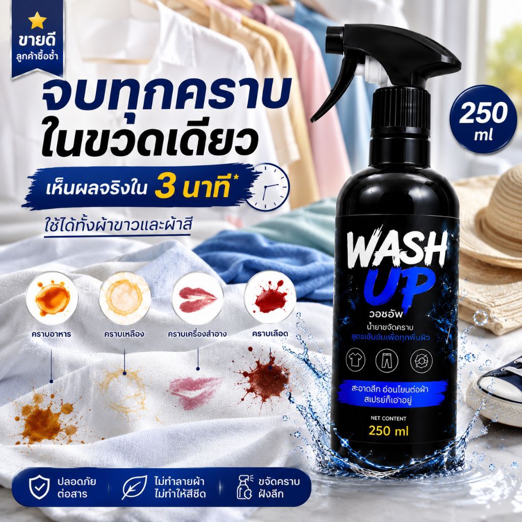 สเปรย์ขจัดคราบผ้า WASH UP สิ่งสกปรกฝังลึก คราบอาหาร คราบเหลือง พร้อมซักใน 3 นาที