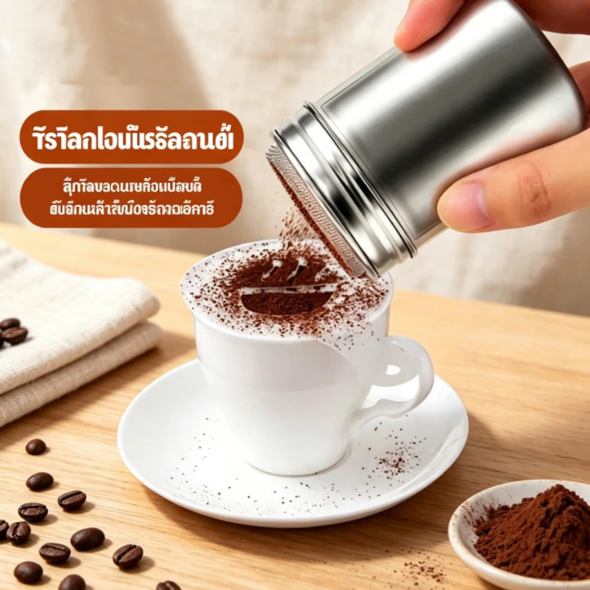 กระปุกตักโรยผง สแตนเลส ตะแกรงละเอียด โรยผงโกโก้ น้ำตาลป่น ผงชา ทำลาเต้ ตกแต่งเค้ก ทีรามิสุ อุปกรณ์เบเกอรี่ COD