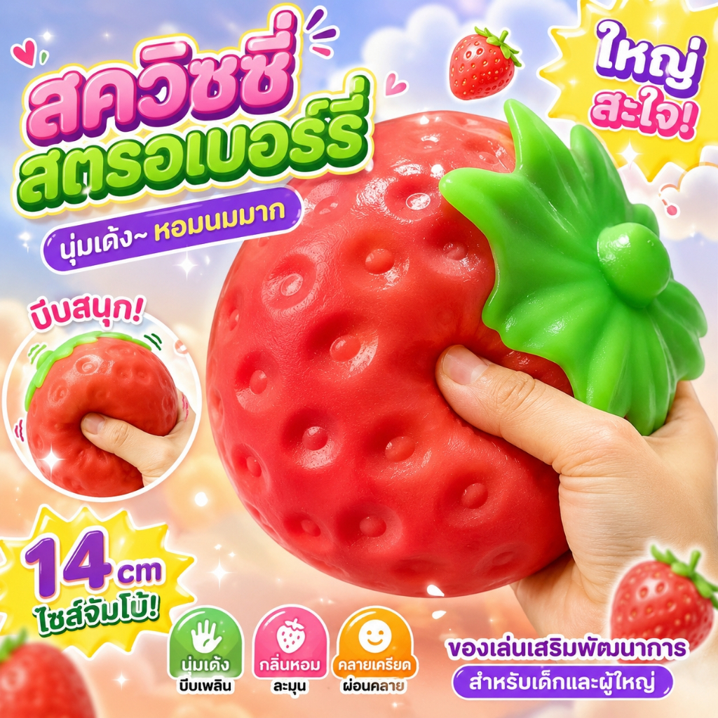 สกุชชี่ สตรอว์เบอร์รี บีบเล่น คลายเครียด ของเล่นนุ่มเด้ง Slow Rising คืนตัวช้า ขนาดใหญ่ 420g