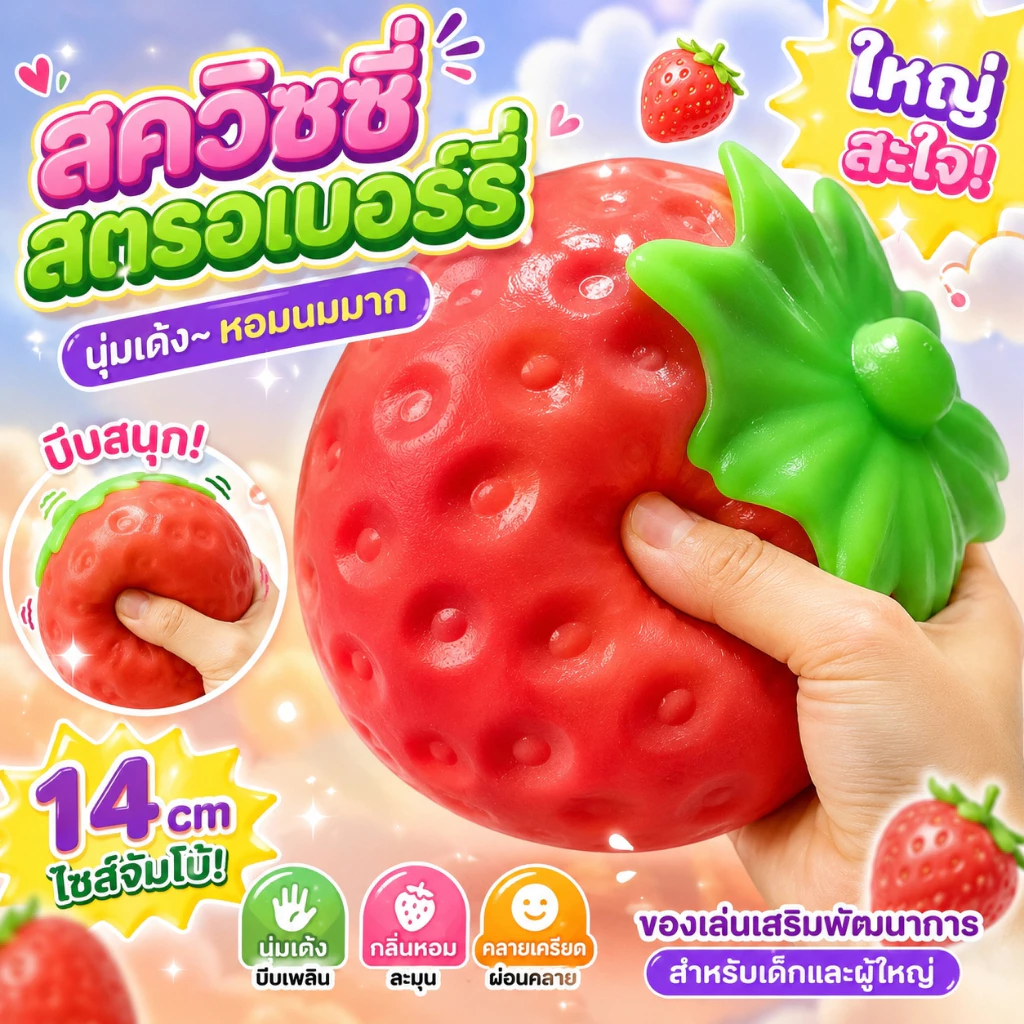 สกุชชี่ สตรอว์เบอร์รี บีบเล่น คลายเครียด ของเล่นนุ่มเด้ง Slow Rising คืนตัวช้า ขนาดใหญ่ 420g