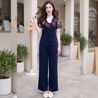 สินค้าพร้อมส่ง ชุดเซตออกงาน ผ้าวูลเวฟ เสื้อแฟชั่นคอวีแขนแต่งระบายผ้าลูกไม้+กางเกงเอวเรียบสม๊อคหลังมีกระเป๋า A8498 A8488