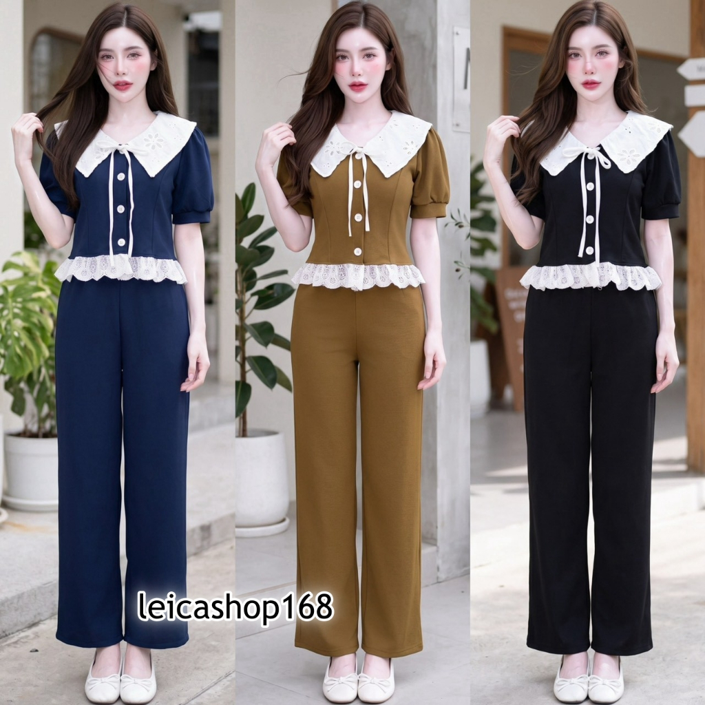 lbo8hkพร้อมส่ง ชุดเซตออกงาน ผ้าวูลเวฟ เสื้อคอปกผ้าฉลุกระดุมหน้าผูกโบว์อกชายระบายแต่งลูกไม้+กางเกงเอว