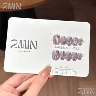 2minงานใหม่ เล็บปลอมสําเร็จรูป ทำด้วยมือ 10 ชิ้น/กล่อง แฮนด์เมด100% สีลูกแก้ม่วง ประกายหลากสี ประณีต สวมง่าย ใช้ซ้ำได้