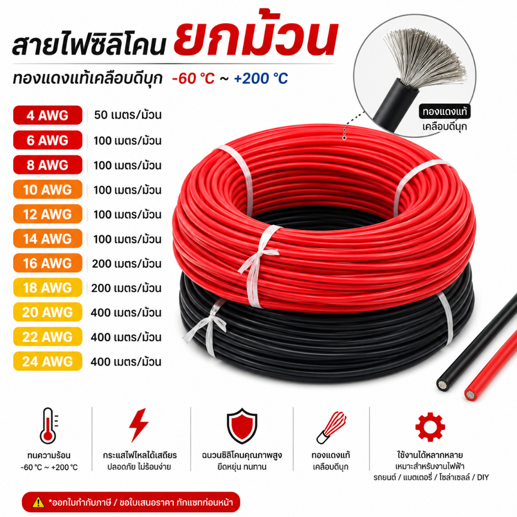 [ยกม้วน] สายไฟซิลิโคน 4-24 AWG