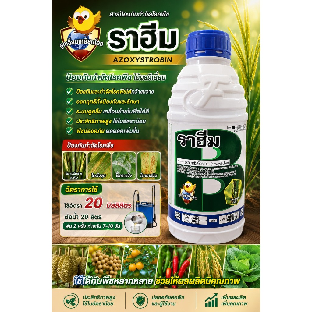 ราฮีม 1 ลิตร อะซอกซีสโตรบิน 25% รากเน่า โคนเน่า ใบไหม้ ราสนิม เมล็ดด่าง กาบใบแห้ง