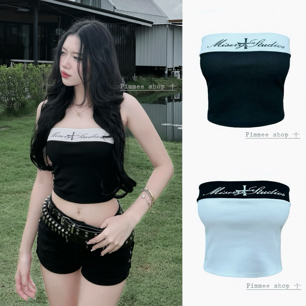 Pimmee shopเกาะอกแต่งขอบ สกรีนไม้กางเขนน ✞ ✞ ✞