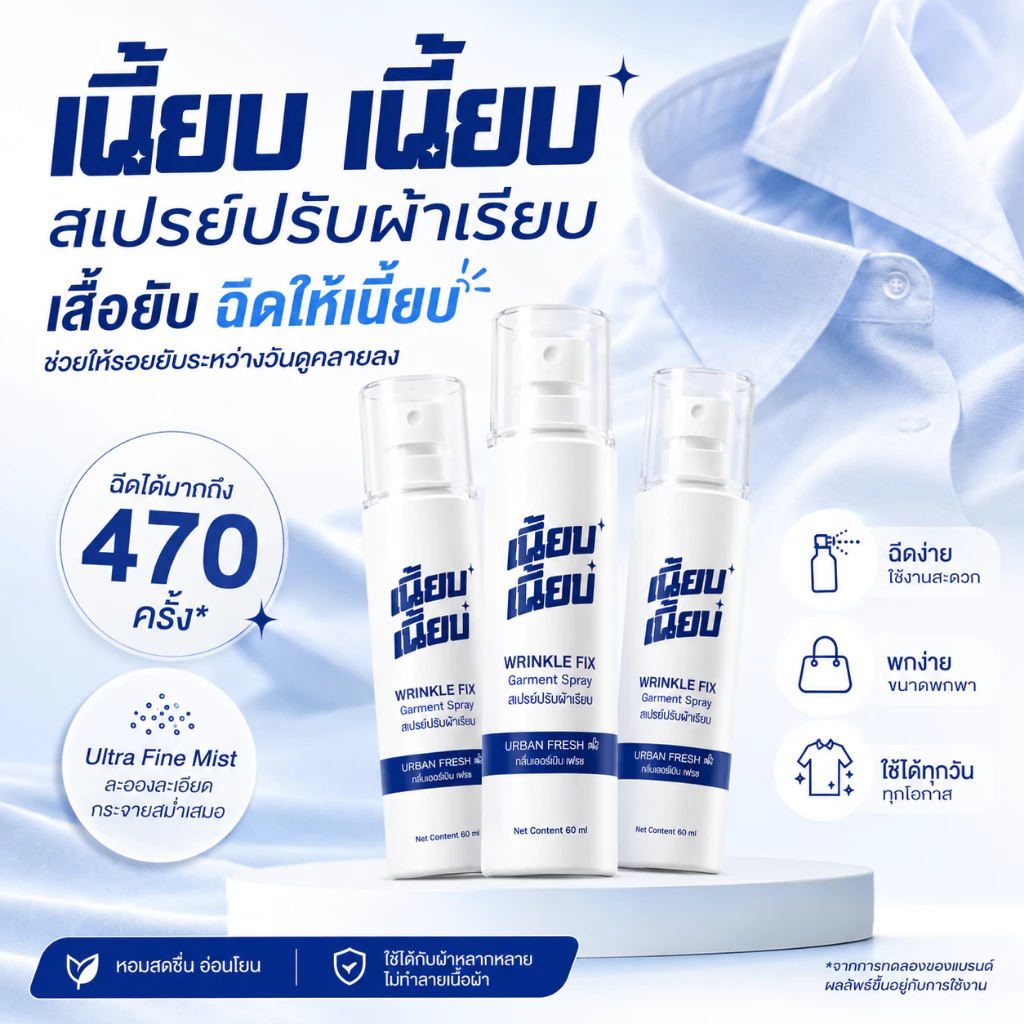 สเปรย์ปรับผ้าเรียบ เนี้ยบ เนี้ยบ 60ml ช่วยลดรอยยับผ้า เสื้อยับฉีดให้เนี้ยบ พกพาง่าย กลิ่น Urban Freshมีตัวเลือก 1-3 ขวด