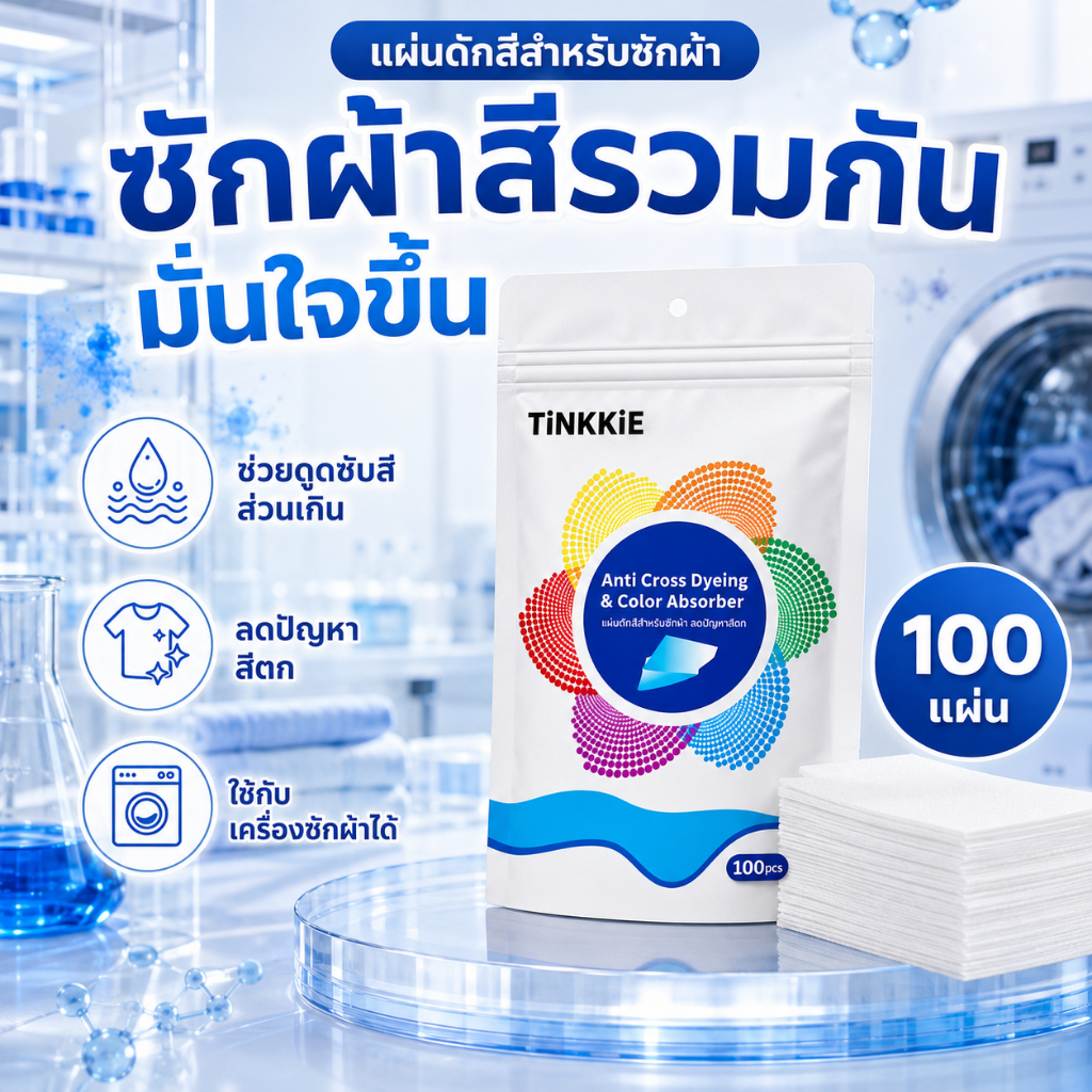 แผ่นดักสีซักผ้า เทคโนโลยีดูดซับสีส่วนเกิน ลดปัญหาสีตกใส่กัน ใช้ได้กับเครื่องซักผ้า 100 แผ่น