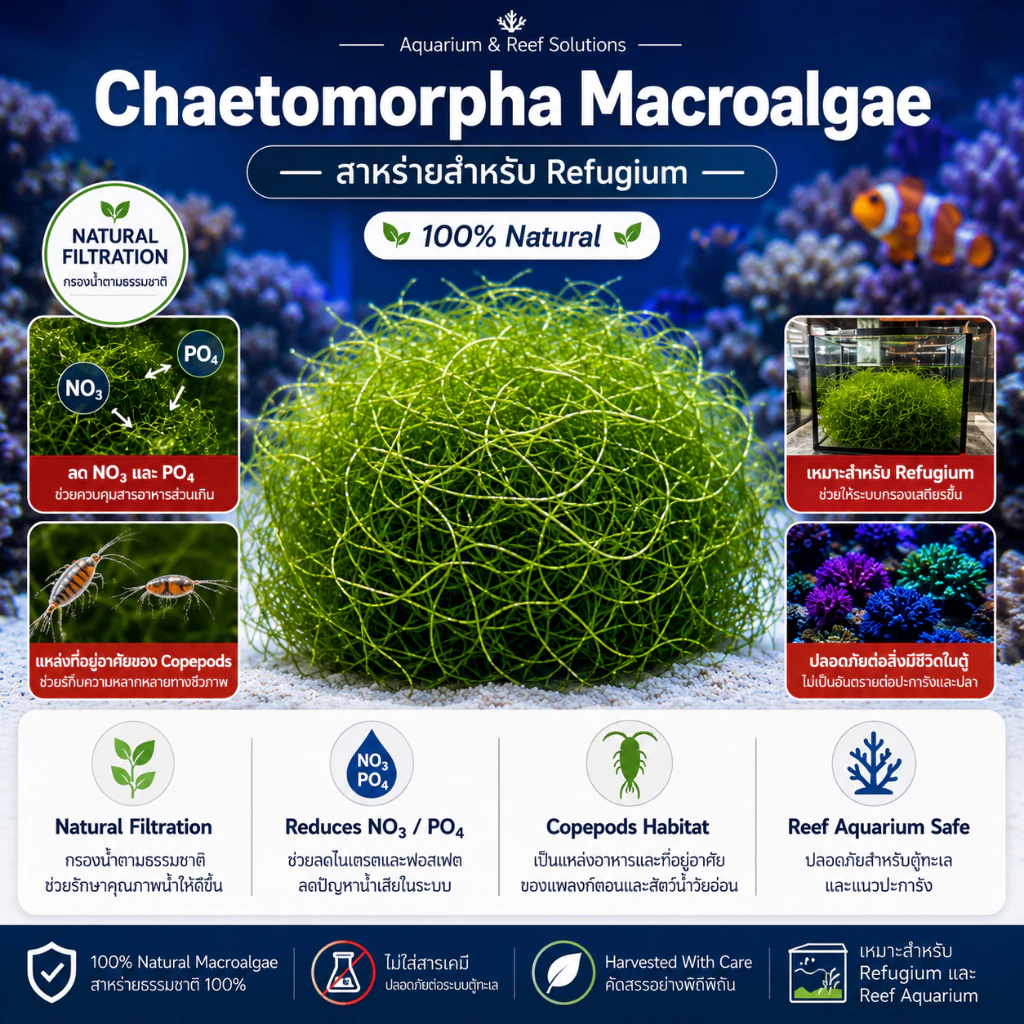 Chaetomorpha Macroalgae สาหร่ายคีโตมอร์ฟา สำหรับ Refugium | ช่วยดูดใช้ NO3 PO4 | เพิ่มพื้นที่อาศัย Copepods | ตู้ทะเล Re