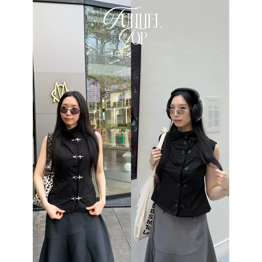 UIUI | FUNNEL TOP เสื้อแขนกุดคอตั้ง กระดุม/กระดุมตะขอเหล็ก