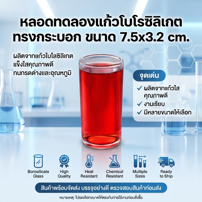 🔥【ถูกที่สุด!!!ครบชุด】หลอดทดลองแก้วโบโรซิลิเกตทรงกระบอก 1 ชิ้น ขนาด 7.5x3.2 cm.