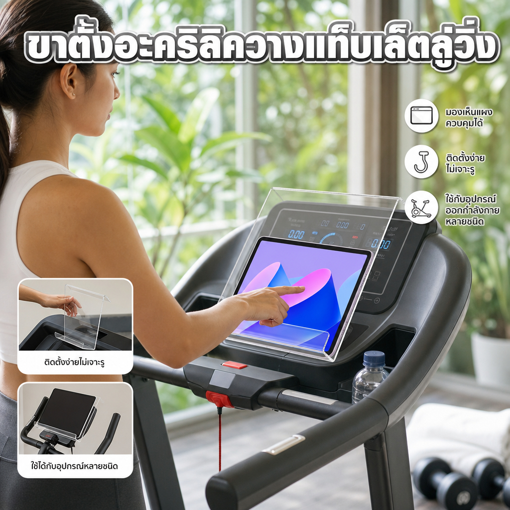 แท่นวางแท็บเล็ตสำหรับวิ่งบนลู่วิ่ง  ทำจากพลาสติกอะكرิลิค พกพาสะดวก ใช้อ่านหนังสือพิมพ์หรือนิตยสารขณะออกกำลังกายที่ฟิตเนส