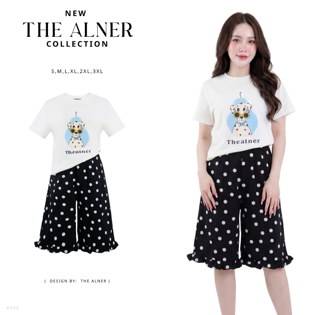 Pear Pup Dottie ชุดเซ็ตเสื้อขาวลายหมาด่าง กางเกงสามส่วนลายจุด Thea lner(ดิอัลเนอร์) AN488
