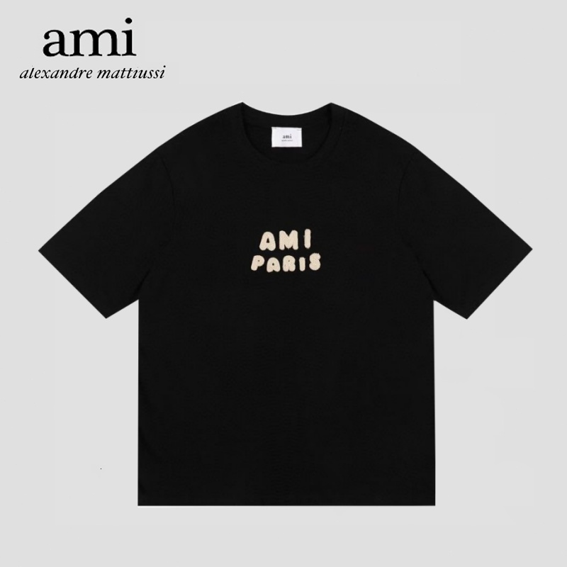 【AMI Paris 】 ปักตัวอักษรแขนสั้น AMI ใหม่ตัวอักษรถักหลวมรอบคอปกเสื้อแขนสั้นชาย และหญิง