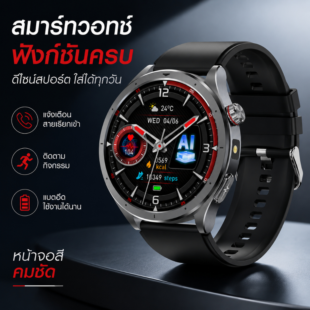 Pure Health HR6 นาฬิกาวัดน้ำตาล ความดัน อัตโนมัติทุก 10 นาที เมนูภาษาไทย จอ 1.53 นิ้ว