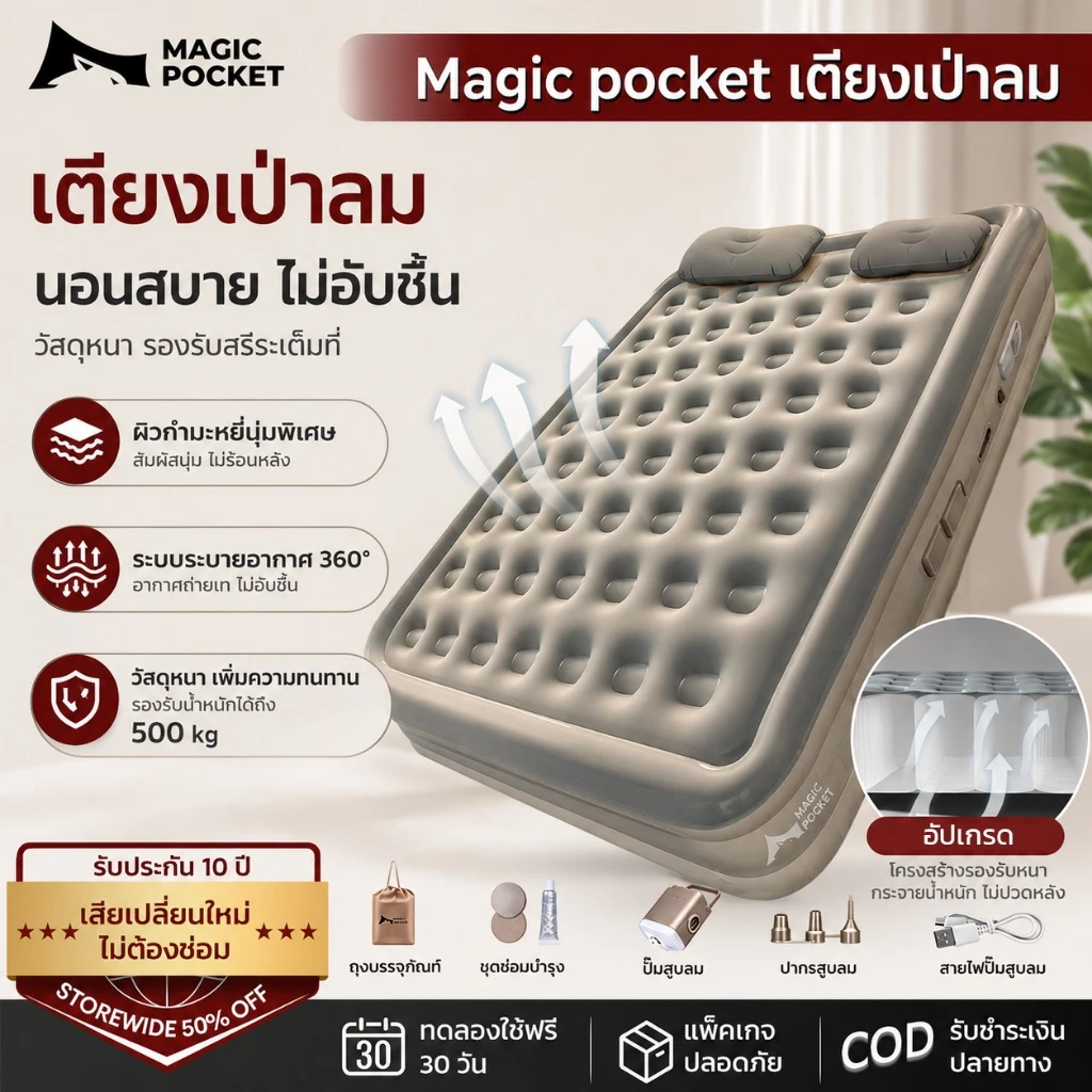 Magic pocket ที่นอนเป่าลมอัตโนมัติ ปั๊มในตัว แบตในตัว PVC เป็นกว้าง 5ฟุต/3ฟุต หนา25/40cm ตั้งแคมป์