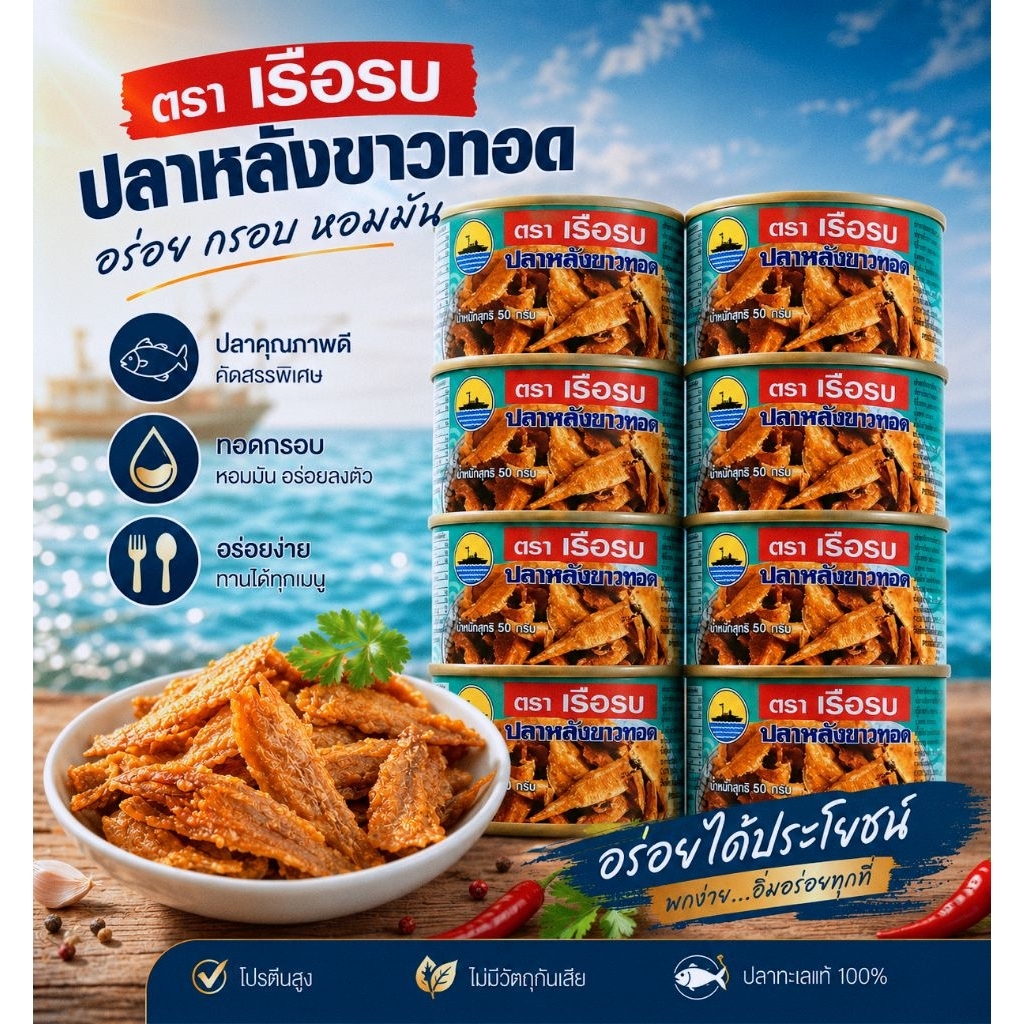 [เซต 8 กระป๋อง/ชุด] "เรือรบ" ปลาหลังขาวทอดกรอบ ตราเรือรบ 50g | กรอบอร่อย เคี้ยวเพลินจากปลาหลังขาวแท้