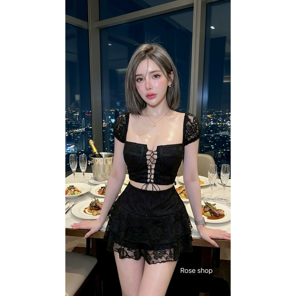 ชุดเซท 2 ชิ้น เสื้อลูกไม้อกเสริมฟองน้ำ กระโปรงลูกไม้