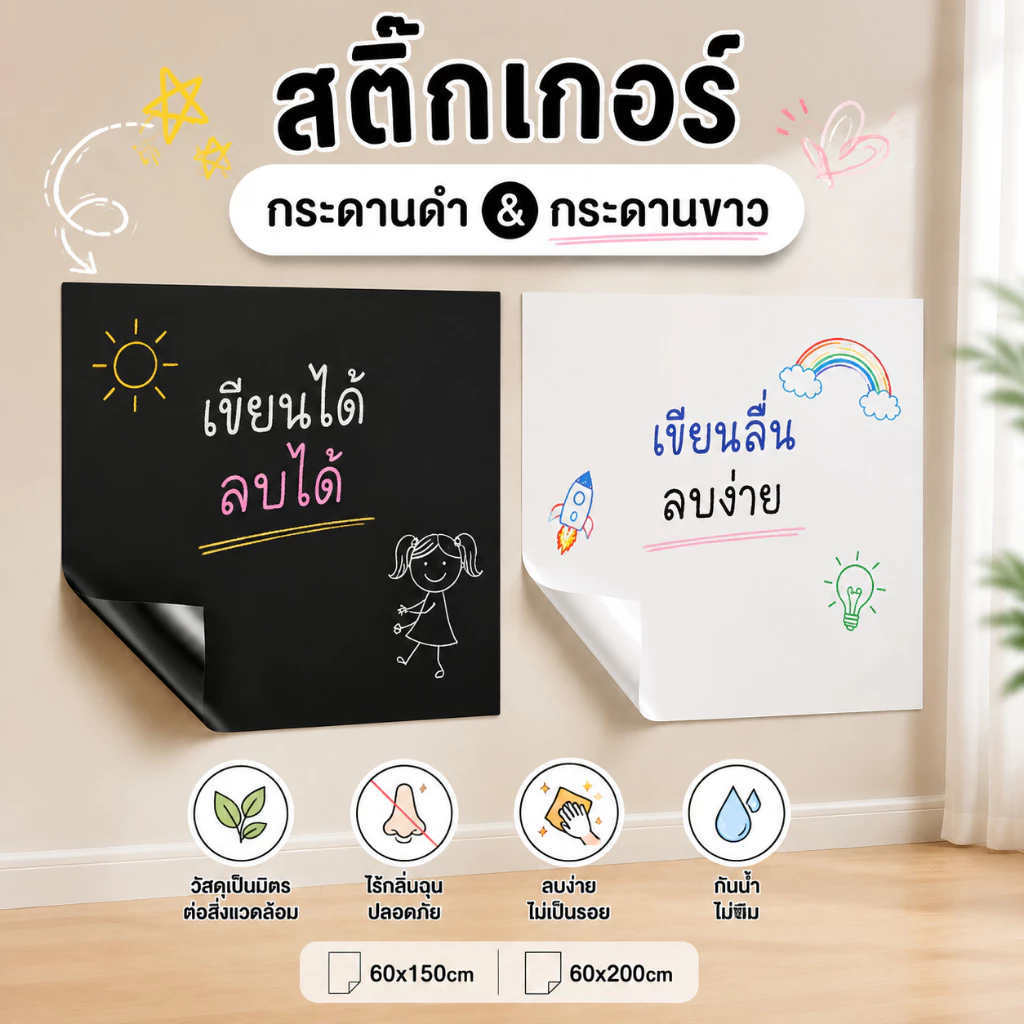 ติกเกอร์กระดานดำ/กระดานไวท์บอร์ด ขนาด 60×200 ซม. วัสดุหนา เขียนลื่น ลบง่าย มีกาวในตัว ผลิตจากวัสดุเป็นมิตรต่อสิ่งแวดล้อม
