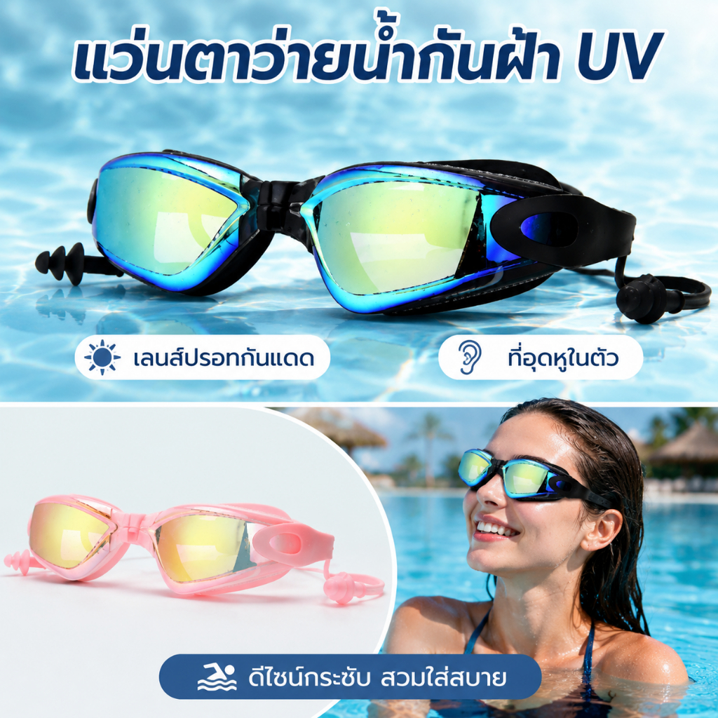 แว่นตาว่ายน้ำกันฝ้า HD - เลนส์เคลือบสีกันแดด UV มีที่อุดหูในตัว สายรัดปรับได้ 2 สีให้เลือก