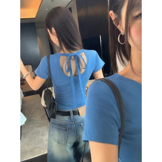 Bella Shop เสื้อยืดสั้นแขนสั้น คอปกหลังโบว์ ยืดได้ กระชับรูปร่าง สวยแซ่บ สไตล์มินิมอล