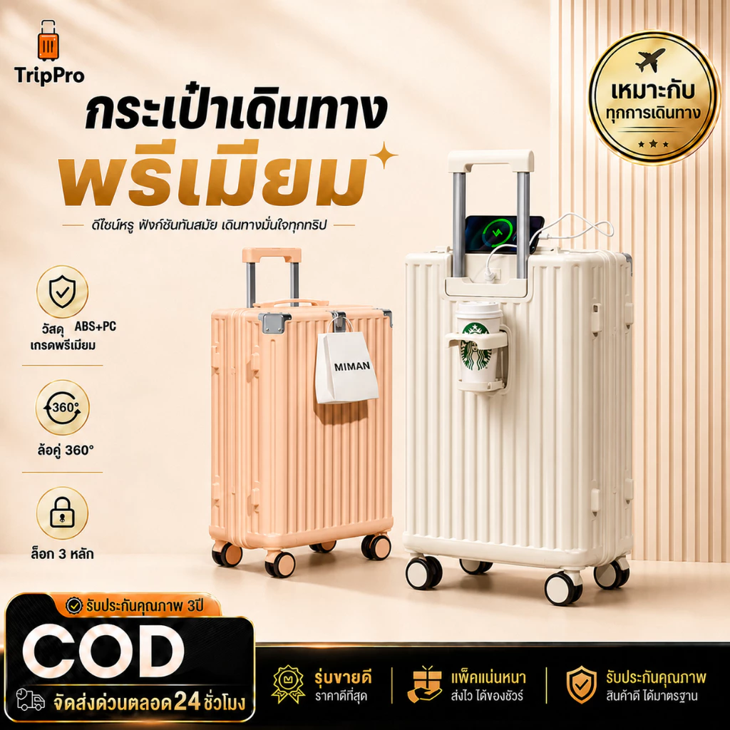 กระเป๋าเดินทาง 20/24 นิ้ว ล้อลากขึ้นเครื่องได้ มี USB ที่วางแก้ว ตะขอแขวน ABS+PC ล้อคู่ 360°