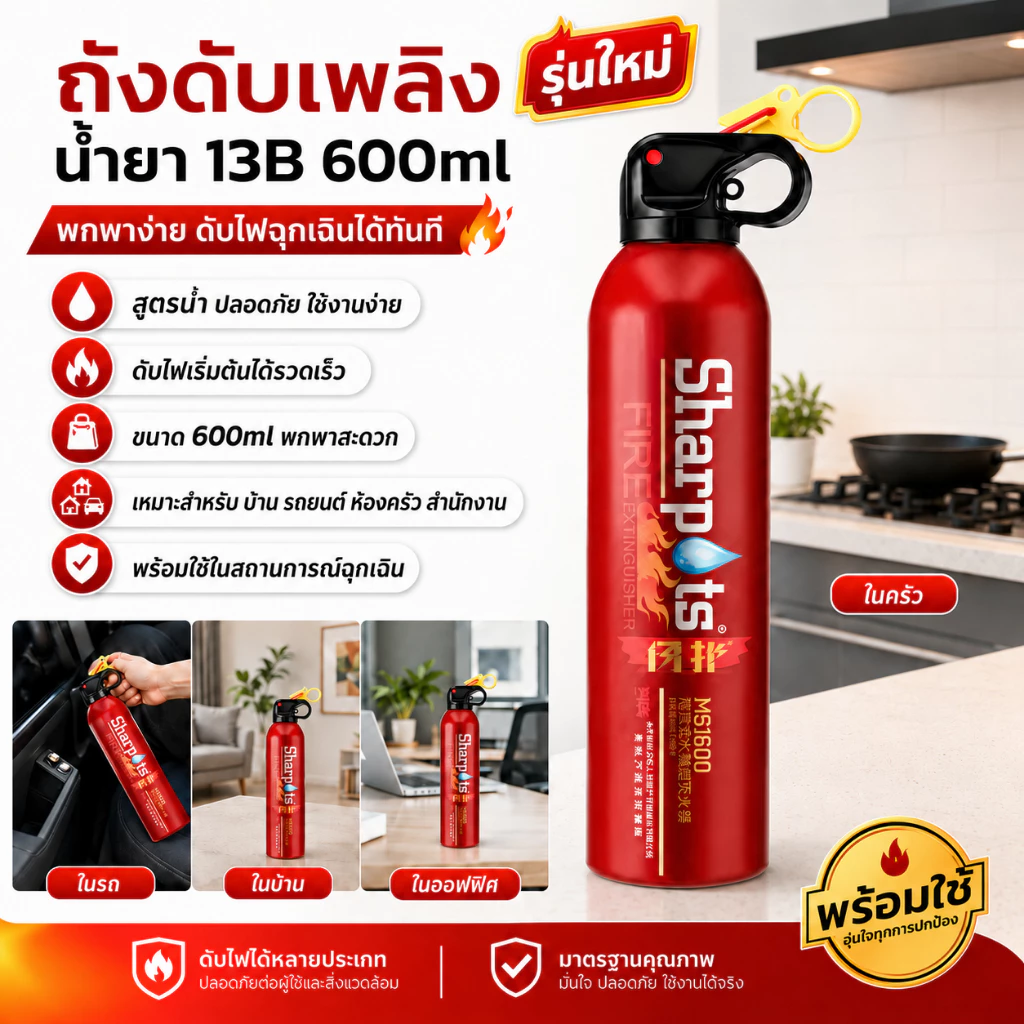 ถังดับเพลิงชนิดเคมีสูตรน้ำแบบพกพา ขนาด 600 มล. ดับไฟได้รวดเร็ว น้ำหนักเบา พกพาสะดวก เหมาะสำหรับบ้าน รถยนต์ และสถานการณ์ฉ