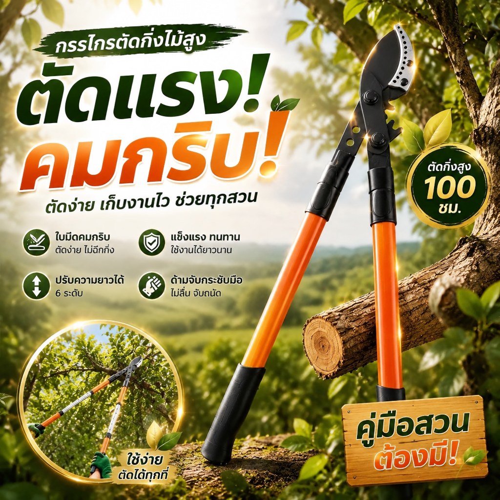 🔥กรรไกรตัดกิ่งไม้ยาวปรับระยะได้ 6 ระดับ ยาวสูงสุด100ซม. ใบมีดคมกริบ ตัดกิ่งไม้หนาได้ ด้ามจับกันลื่น อุปกรณ์ทำสวน ตัดแต่ง