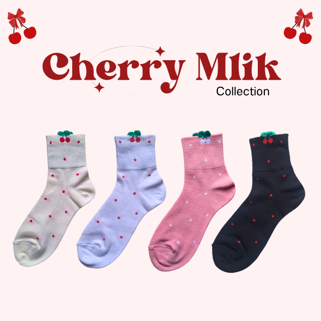 ถุงเท้าข้อกลาง ลายจุด ขอบเชอร์รี่ คอลเลคชั่น "Cherry Milk"2🍒