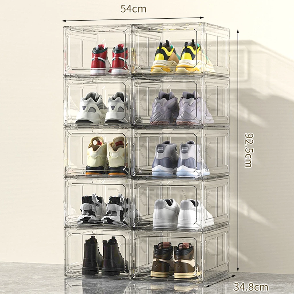 กล่องใส่รองเท้าพลาสติกแข็ง วัสดุแบบอะคริลิคใส tower shoe box ออกแบบฝาหน้าแม่เหล็ก เก็บวางรองเท้า