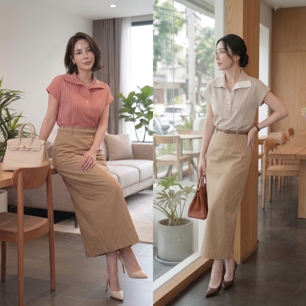 CT888  (เฉพาะเสื้อ) เสื้อเชิ้ตแขนสั้น ลายทางมินิมอล ใส่ทำงาน
