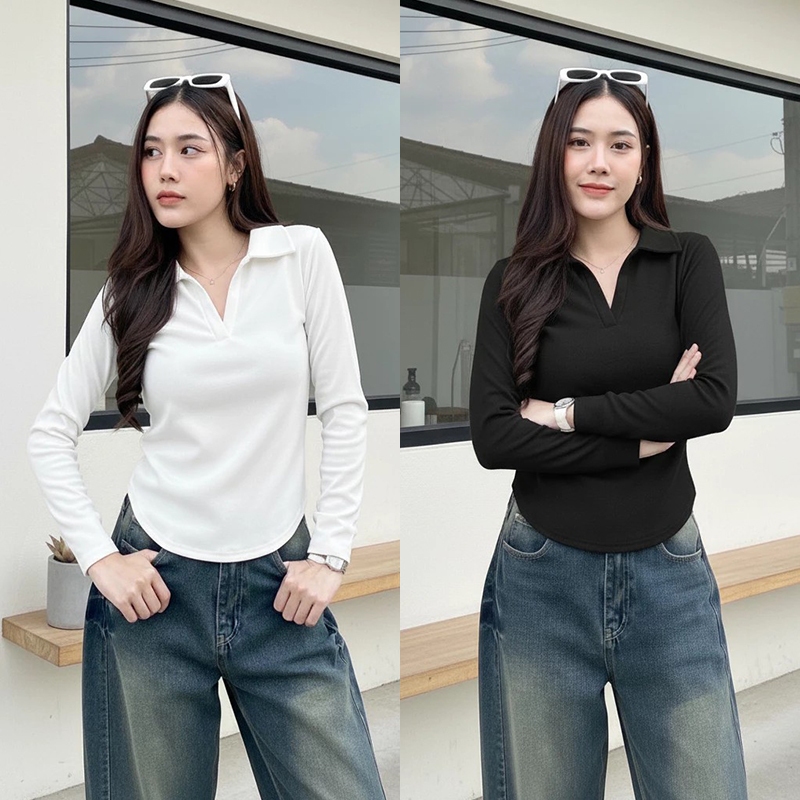 🌈VibeHouse🌈เสื้อแขนยาว เสื้อคอปก เสื้อกันหนาว พร้อมส่ง สาวอวบใส่ได้ ผ้าร่องยืด ยืดตามตัว รุ่น ปกดาว