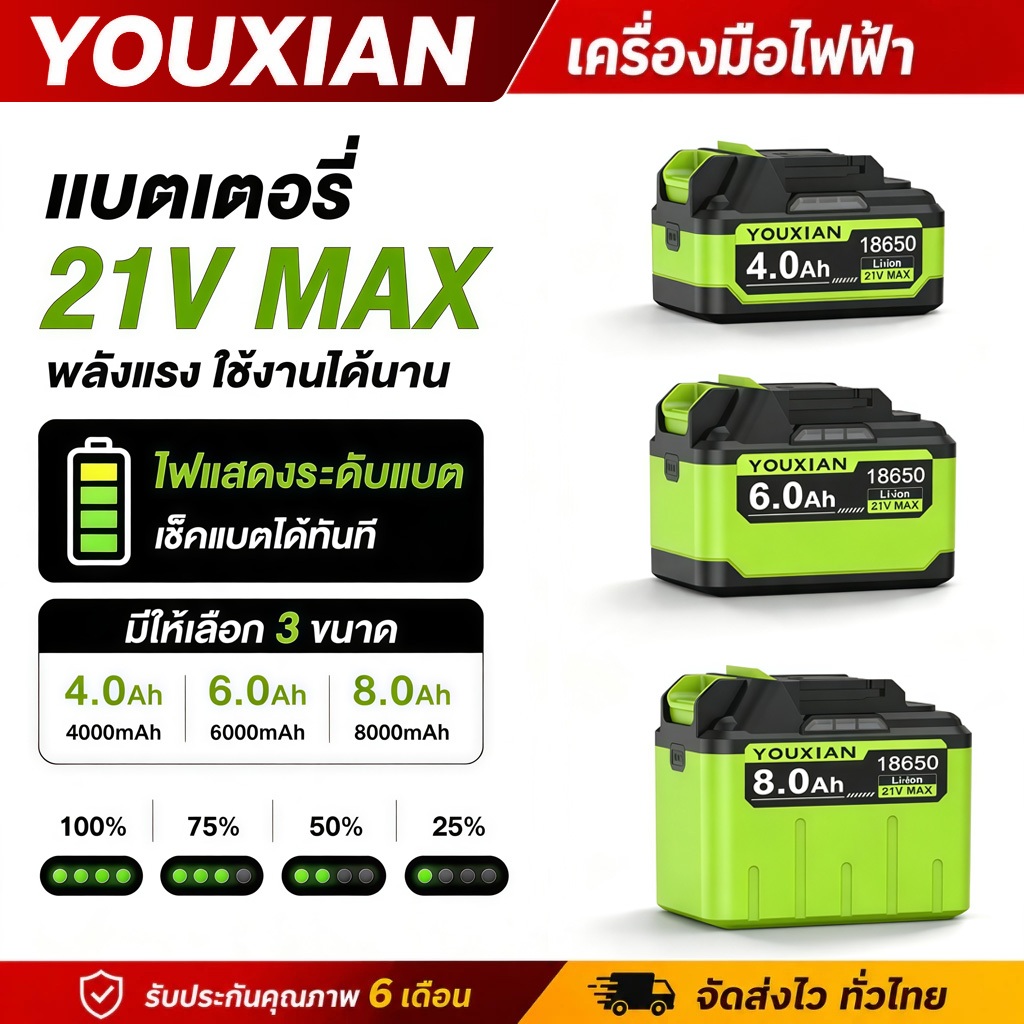YOUXIAN แบตเตอรี่ลิเธียม 21V มีไฟแสดงระดับแบต 18650 4Ah/6Ah/8Ah ใช้กับ Makita JIAPU TANZU
